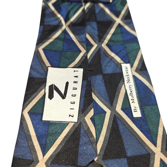 Ziggurat by Mulberry Silk Tie Geometric Diamond Pattern Blue Green 3 3/4” x 60” - Picture 3 of 4
